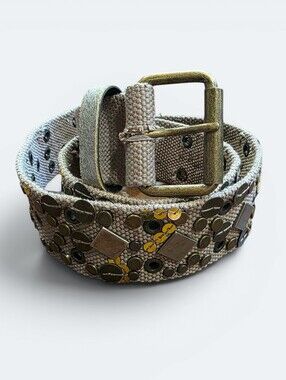 Boho Embellished Canvas Belt Taupe Brass Studded Sequin Size  S/M